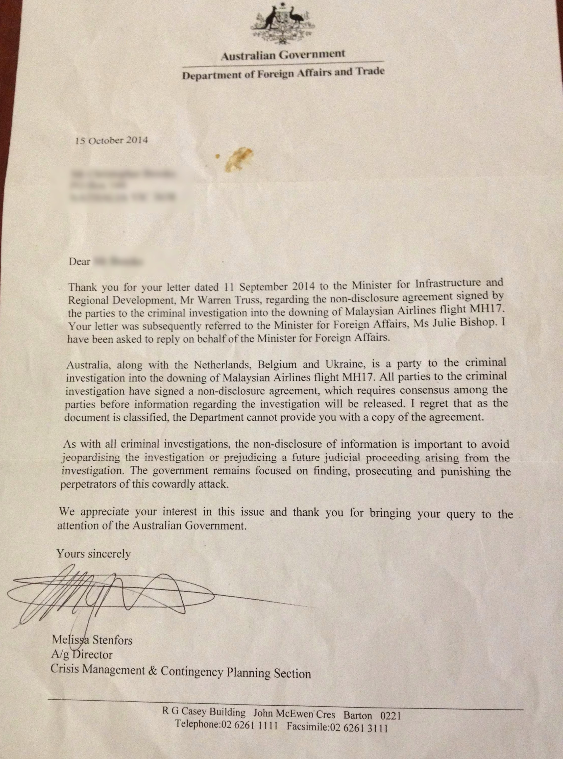 mh17 letter blurred
